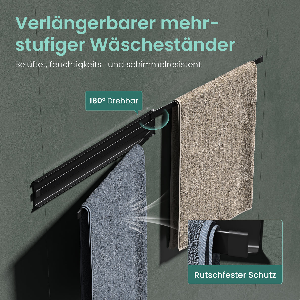 glasvolla Handtuchhalter ohne Bohren, 180° schwenkbar mit 3 Armen, Handtuchstange selbstklebend oder magnetisch, Badetuchhalter für Bad und Küche Folda-02