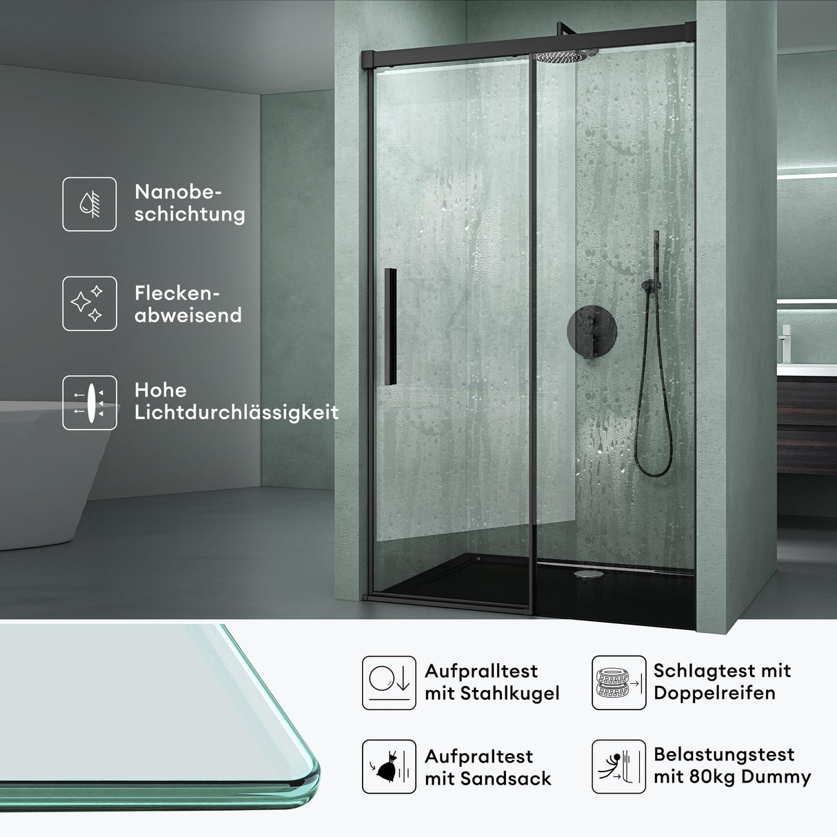 glasvilla Duschtür Nischentür dusche Duschabtrennung Chrom und Schwarz Duschkabine Nischenschiebetür 6mm ESG-Sicherheitsglas inkl. Soft-Close Teramo12K