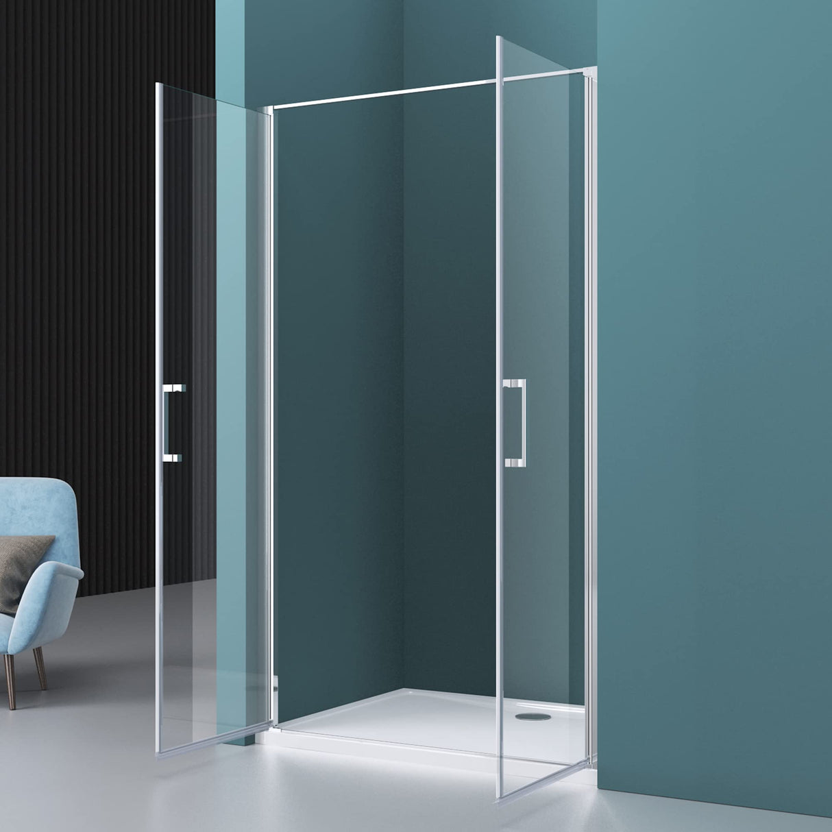 glasvilla Duschtür Nischentür dusche Duschabtrennung Chrom und Schwarz Duschkabine Schwingtür 180° Doppeltür 8mm ESG Nano-Beschichtung Klarglas mit Hebe- und Senkmechanismus Teramo66