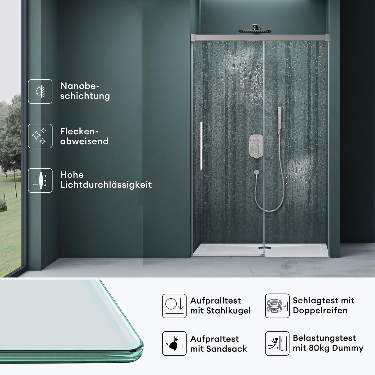 glasvilla Duschtür Nischentür dusche Duschabtrennung Chrom und Schwarz Duschkabine Nischenschiebetür 6mm ESG-Sicherheitsglas inkl. Soft-Close Teramo12K