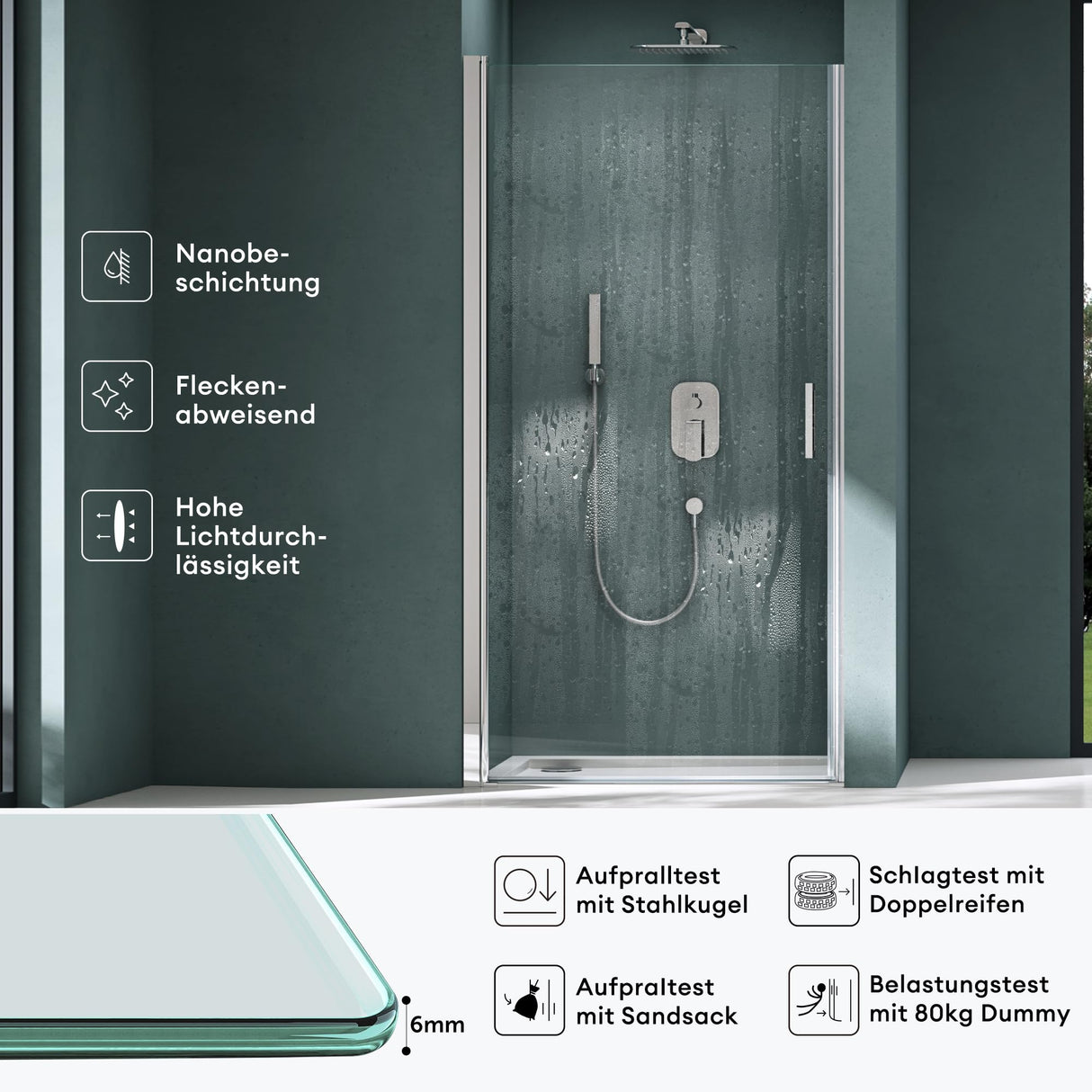 glasvilla Duschtür Nischentür Dusche Duschabtrennung Duschkabine Schwingtür 180° ESG-Sicherheitsglas mit Hebe- und Senkmechanismus Klarglas und Satiniert Streifen Teramo24K+MS D Neu