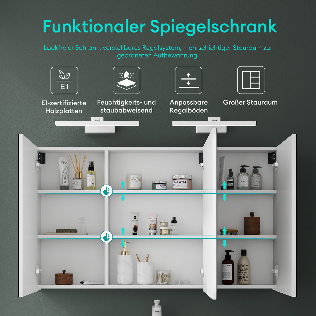 glasvilla Spiegelschrank mit Spiegellampe Badezimmerschrank Spiegelleuchte 180° Drehbar LED Badlampe Strahlenschön