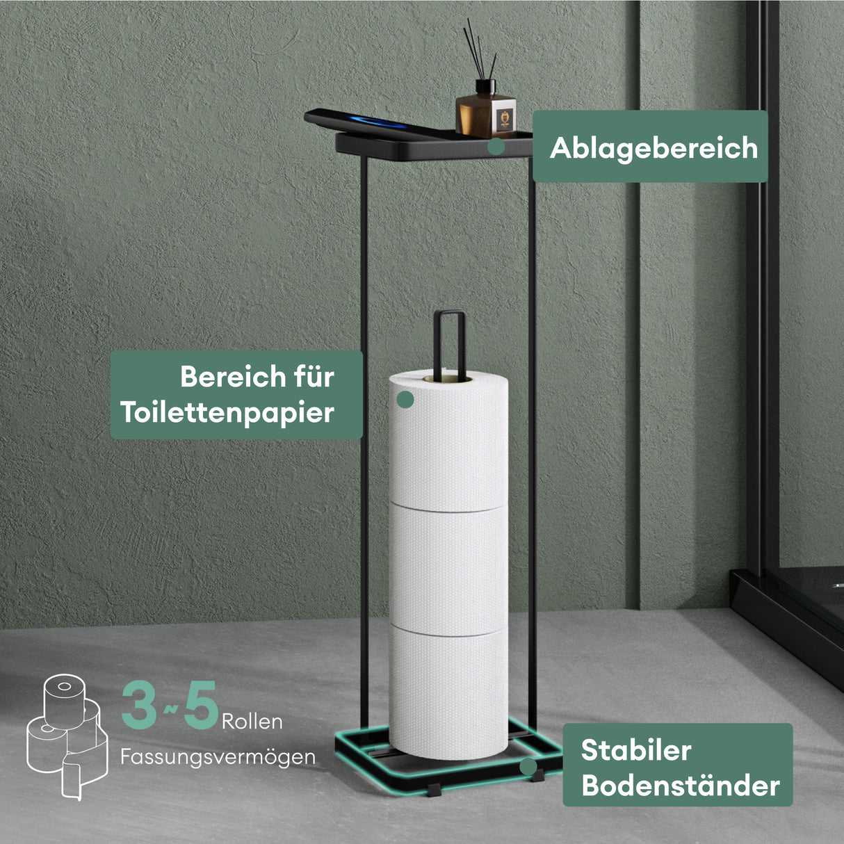 glasvilla Toilettenpapierhalter stehend mit Ablage Klorollenhalter Klopapierhalter freistehend WC Rollenhalter Toilettenständer 16x12x52cm Reglo-04