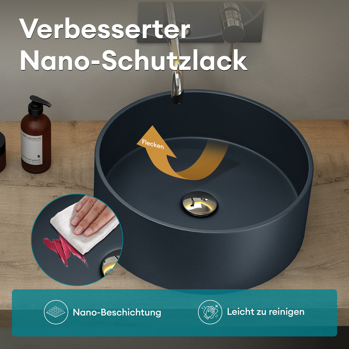 glasvilla 40x40x15cm Waschbecken rund Col804 Aufsatzwaschbecken ohne Hahnloch und Überlauf.. Col804 Moderne Optik- höchste Funktionalität