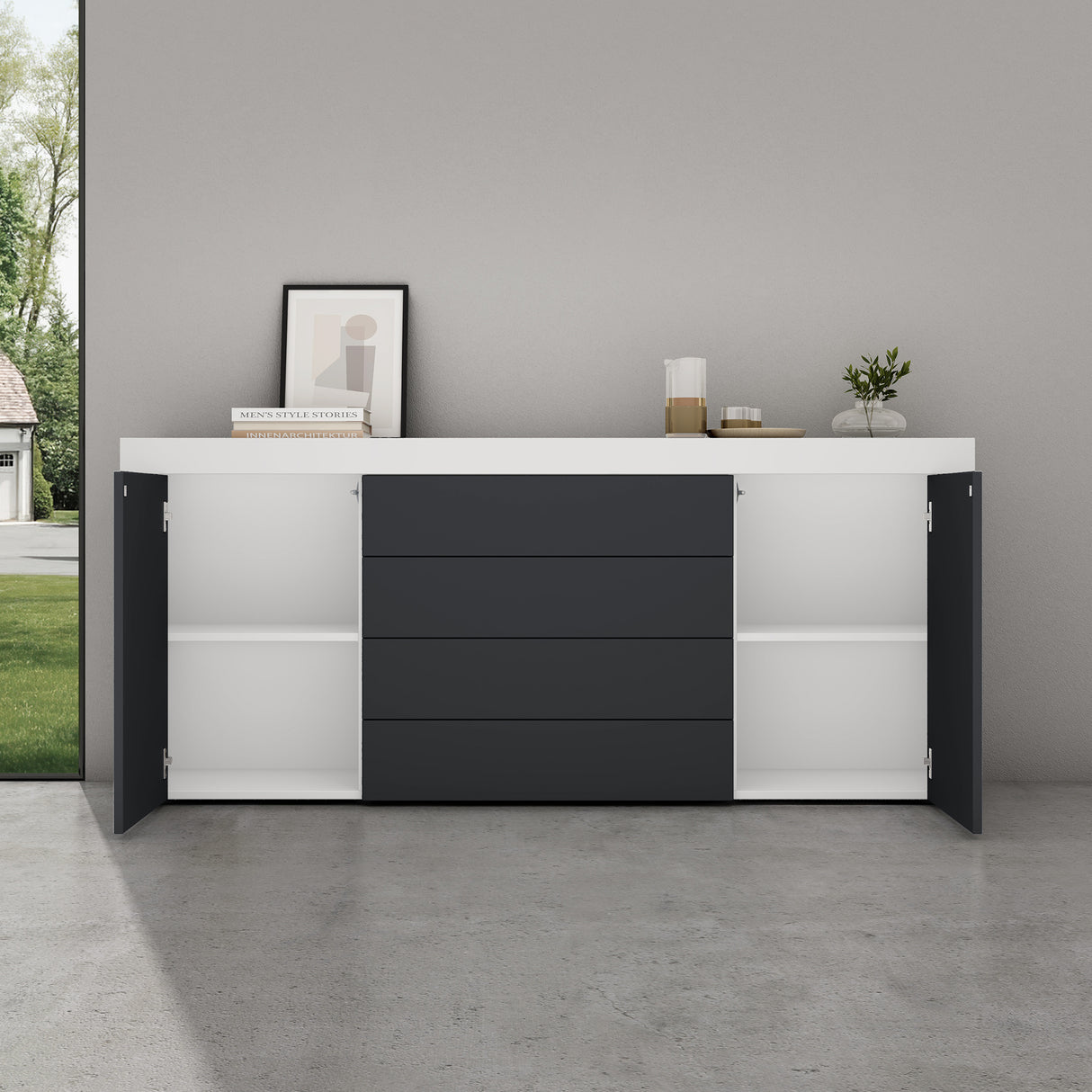 glasvilla Sideboard Aufbewahrungsschrank BTH: 167x36x70 cm mit 2 Schränken und 4 Schubladen Kommode Mehrzweckschrank Möbel Schrank03