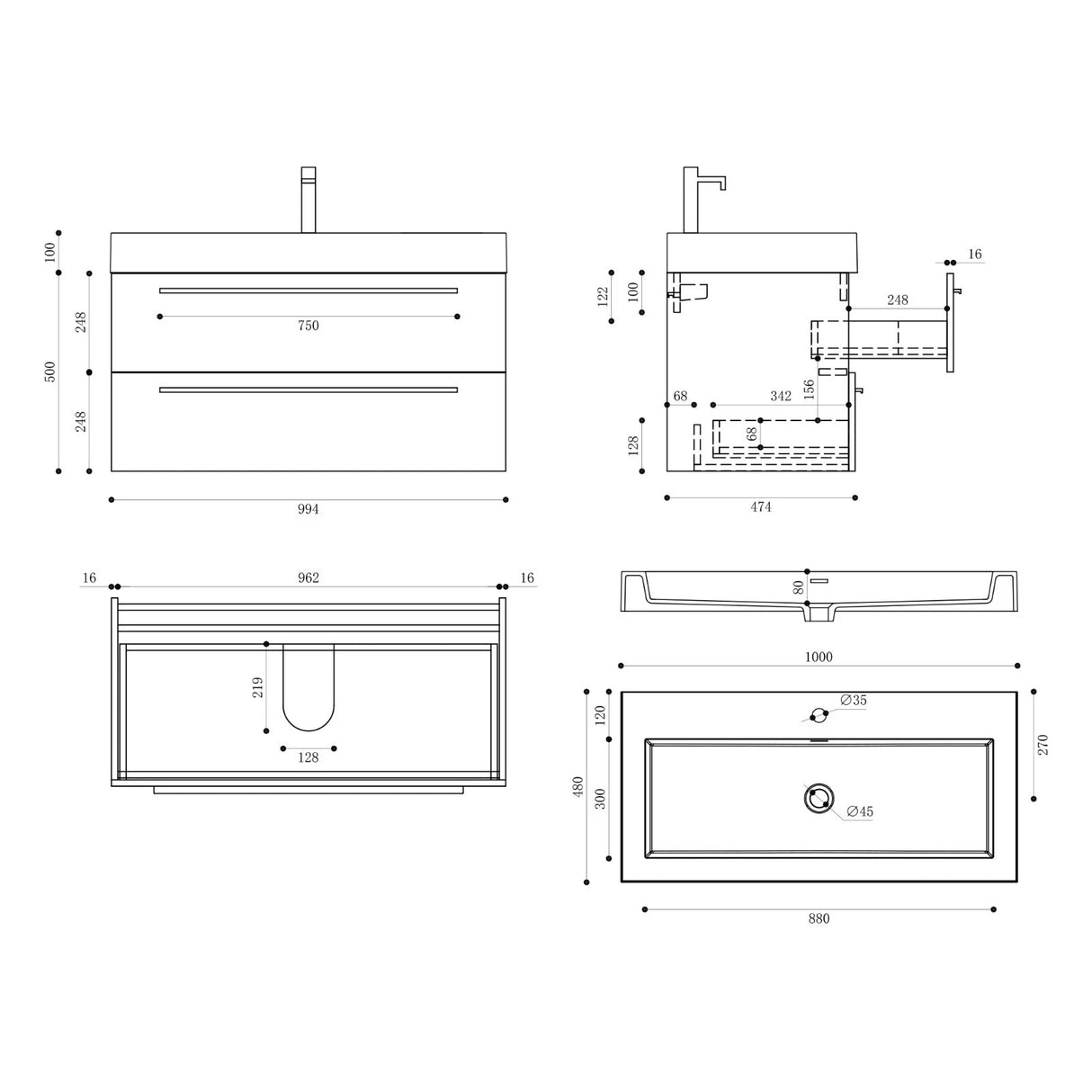 glasvilla Badmöbel-Set Waschbeckenunterschrank Waschtisch mit Unterschrank inkl. Mineralguss-Waschbecken in Anthrazit Quadratto