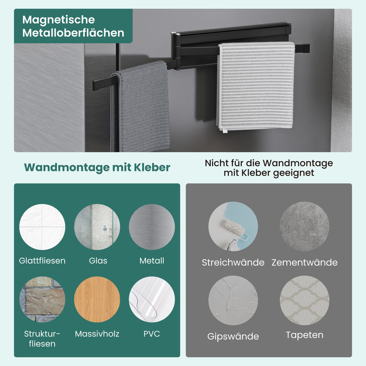 glasvolla Handtuchhalter ohne Bohren, 180° schwenkbar mit 3 Armen, Handtuchstange selbstklebend oder magnetisch, Badetuchhalter für Bad und Küche Folda-02