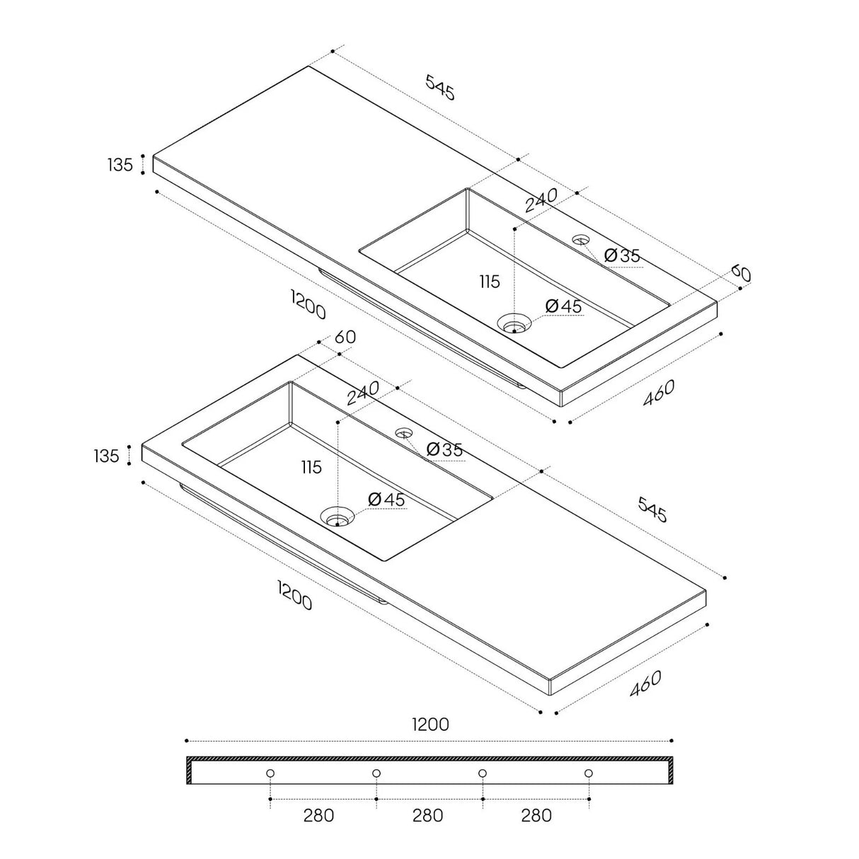 glasvilla Waschbecken Einbauwaschbecken Becken rechts BTH: 120x46x13,5cm Design Waschtisch aus Mineralguss in Weiß Colossum820