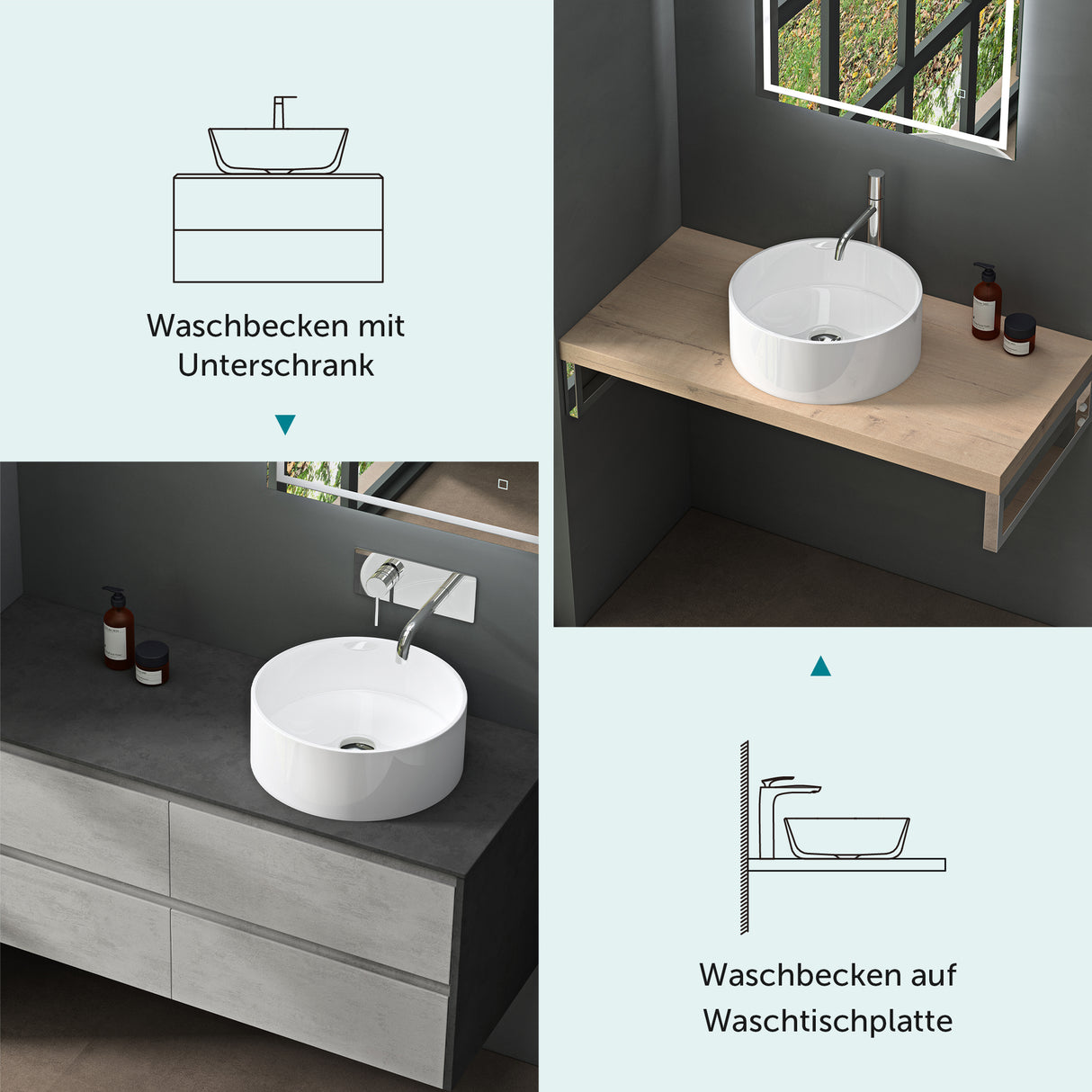 glasvilla 40x40x15cm Waschbecken rund Col804 Aufsatzwaschbecken ohne Hahnloch und Überlauf.. Col804 Moderne Optik- höchste Funktionalität
