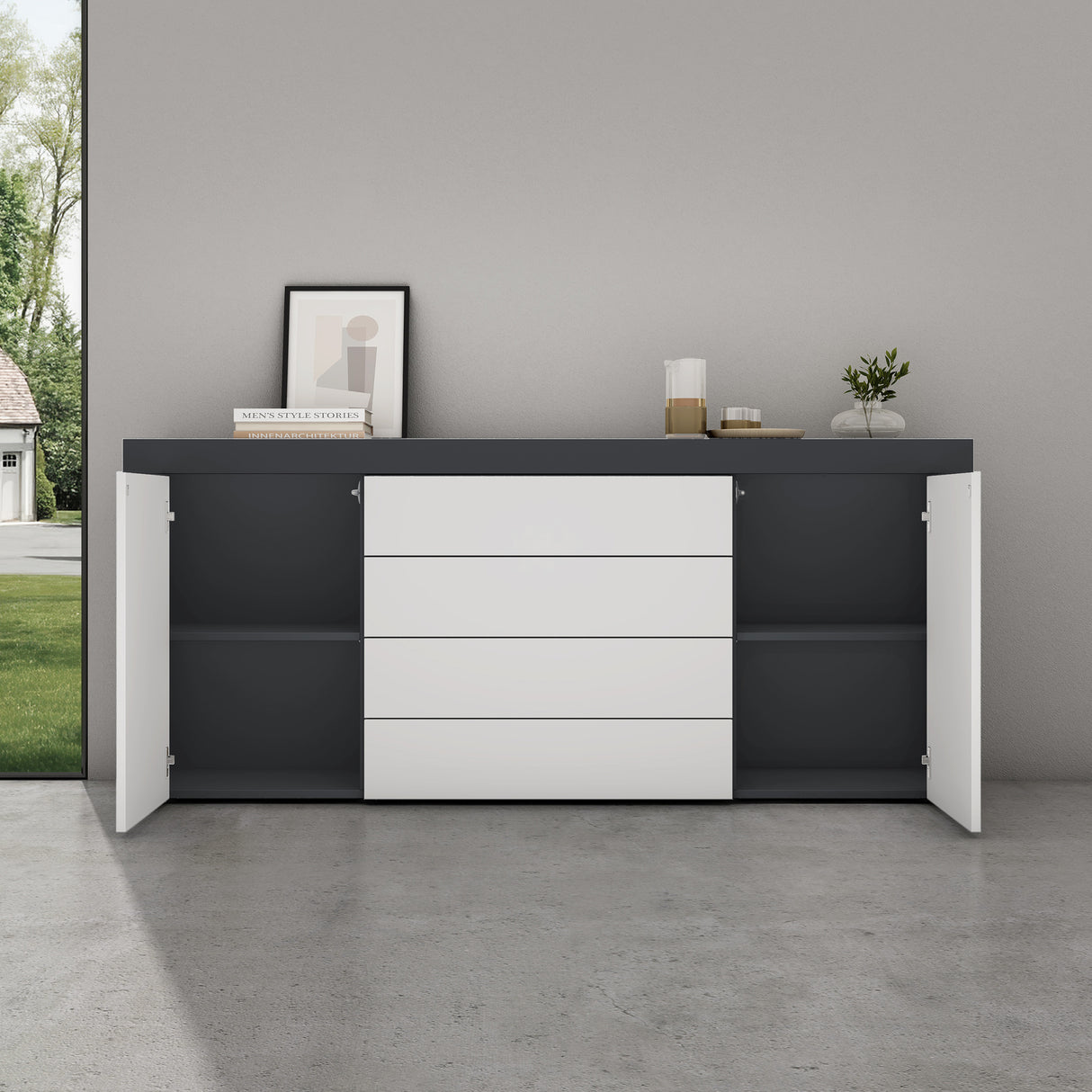 glasvilla Sideboard Aufbewahrungsschrank BTH: 167x36x70 cm mit 2 Schränken und 4 Schubladen Kommode Mehrzweckschrank Möbel Schrank03