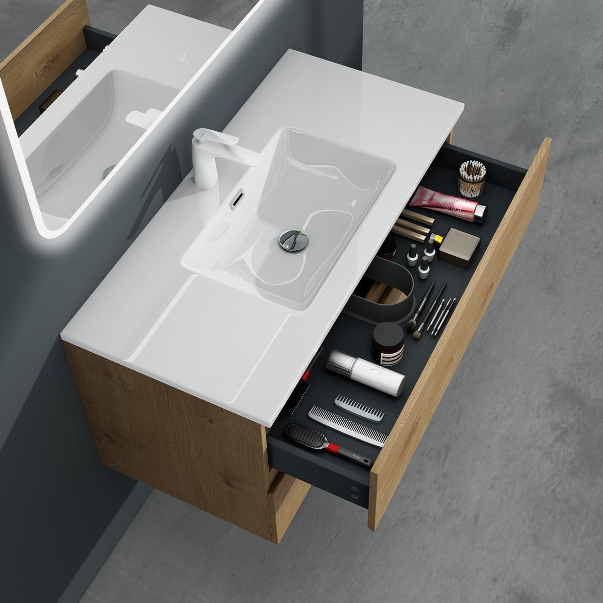 glasvilla Badmöbel-Set Waschtisch mit Unterschrank Mineralguss Waschbecken Waschbeckenunterschrank 2-Schubladen Soft-Close Aqualis