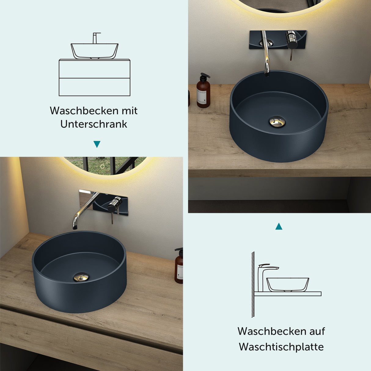 glasvilla 40x40x15cm Waschbecken rund Col804 Aufsatzwaschbecken ohne Hahnloch und Überlauf.. Col804 Moderne Optik- höchste Funktionalität