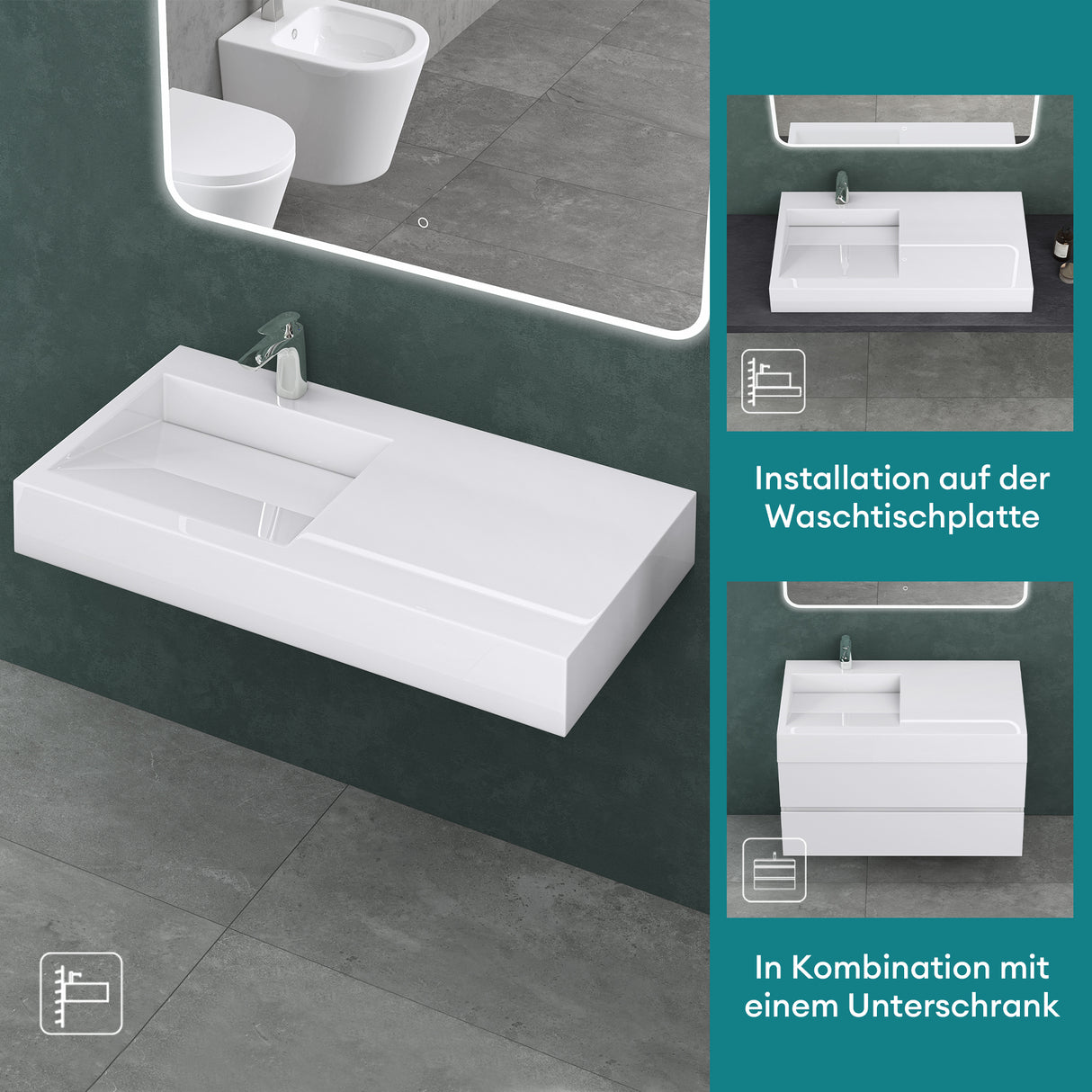 glasvilla Waschbecken Hängewaschbecken Aufsatzwaschbecken Mineralguss rechteckige Form Colossum11