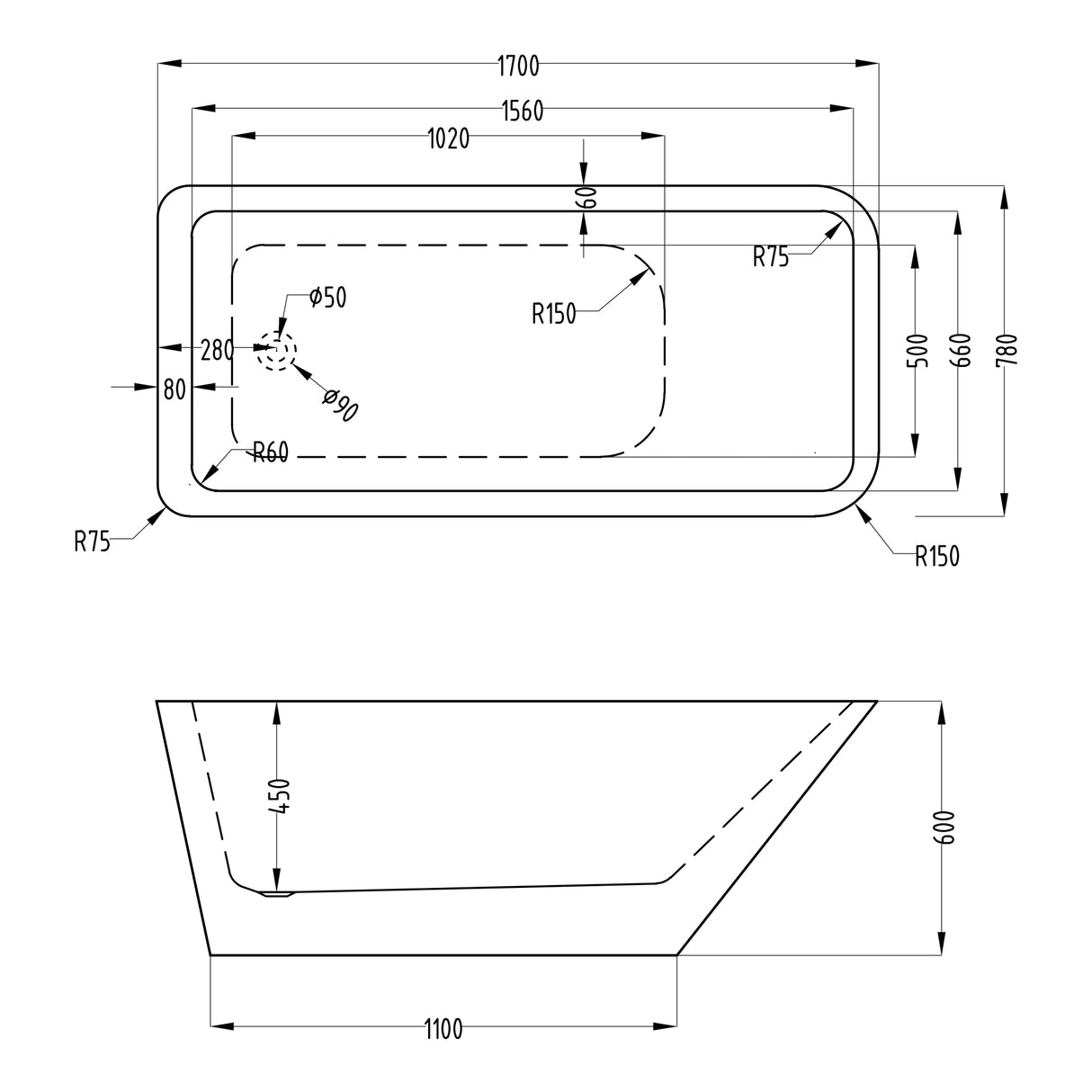 glasvilla Freistehende Badewanne Rechteck Sanitäracryl mit Armatur Standbadewanne
