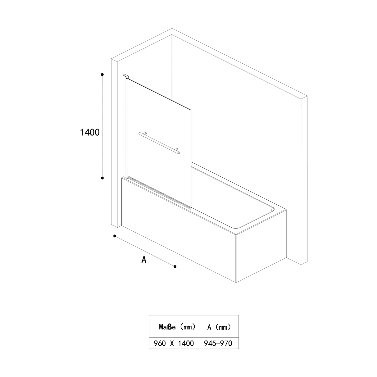 glasvilla Duschwand für Badewanne Badewannenwand faltbar 180° Sicherheitsglas mit NANO 90x140cm Badewannentrennwand Badewannenaufsatz Cortona1121