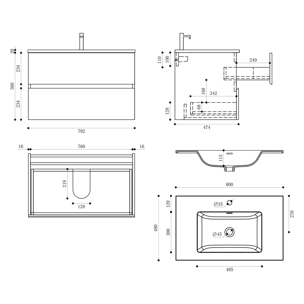 glasvilla Badmöbel-Set Waschtisch mit Unterschrank Mineralguss Waschbecken Waschbeckenunterschrank 2-Schubladen Soft-Close Aqualis