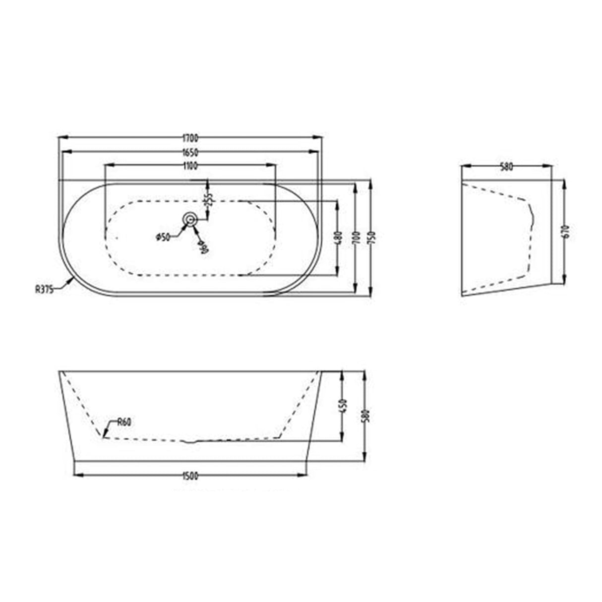 glasvilla Freistehende Badewanne Acryl Oval Acryl-Standbadewanne inkl. Pop Up Ablaufgarnitur Weiß