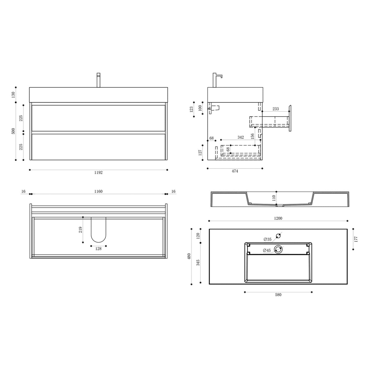 glasvilla Badmöbel-Set Waschbeckenunterschrank 120x48x63cm mit 2-Schubladen inkl. Waschbecken Deep