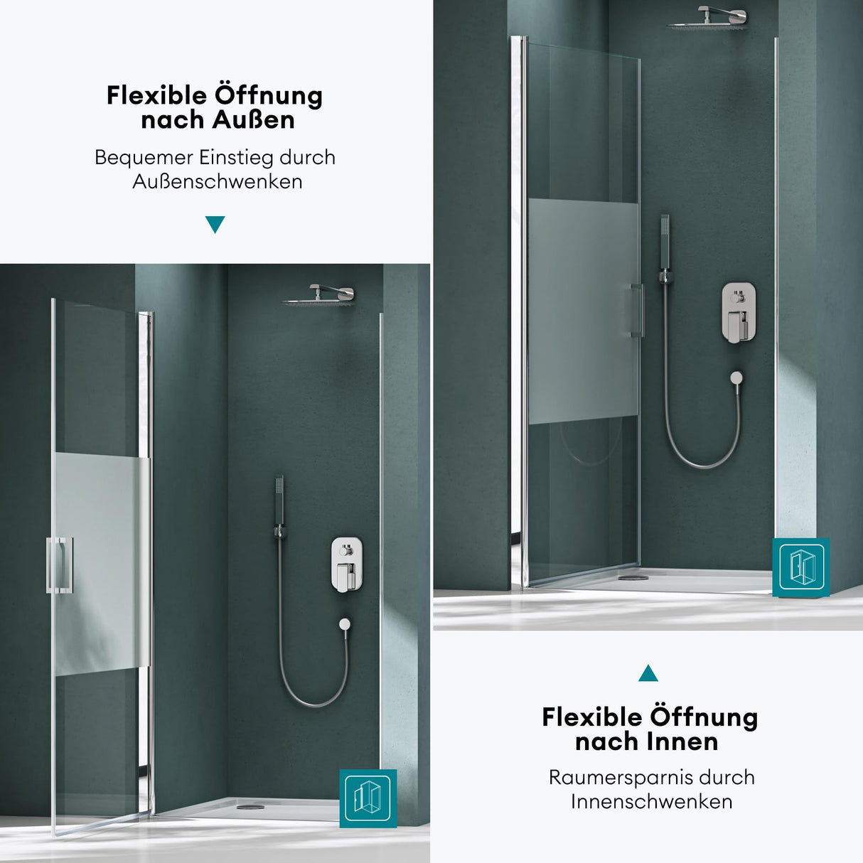 glasvilla Duschtür Nischentür Dusche Duschabtrennung Duschkabine Schwingtür 180° ESG-Sicherheitsglas mit Hebe- und Senkmechanismus Klarglas und Satiniert Streifen Teramo24K+MS D Neu