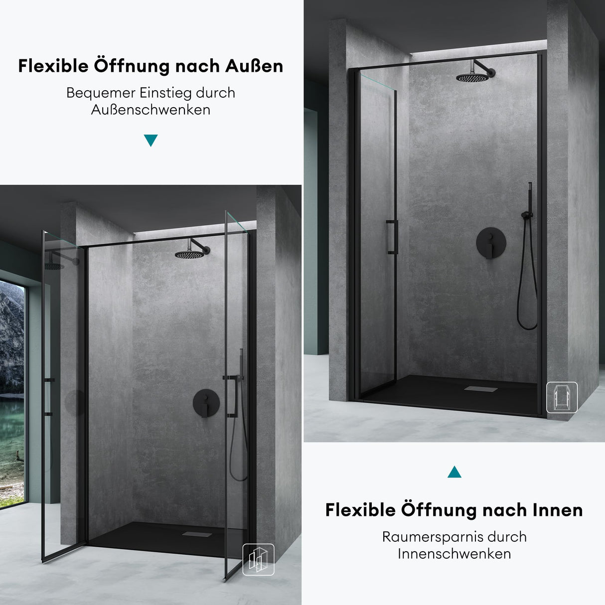 glasvilla Duschtür Nischentür dusche Duschabtrennung Chrom und Schwarz Duschkabine Schwingtür 180° Doppeltür 8mm ESG Nano-Beschichtung Klarglas mit Hebe- und Senkmechanismus Teramo66