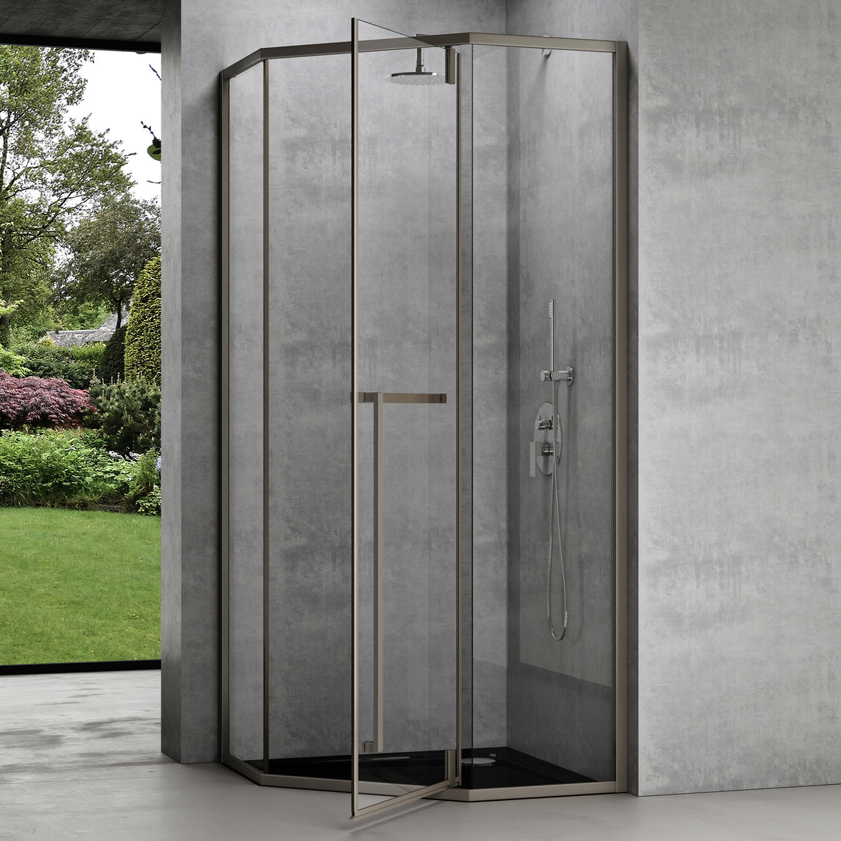 glasvilla Fünfeck-Duschkabine Echtglas 8mm ESG-Sicherheitsglas Edelstahl-Türrahmen Duschabtrennung ebenerdige Montage Ravenna68K