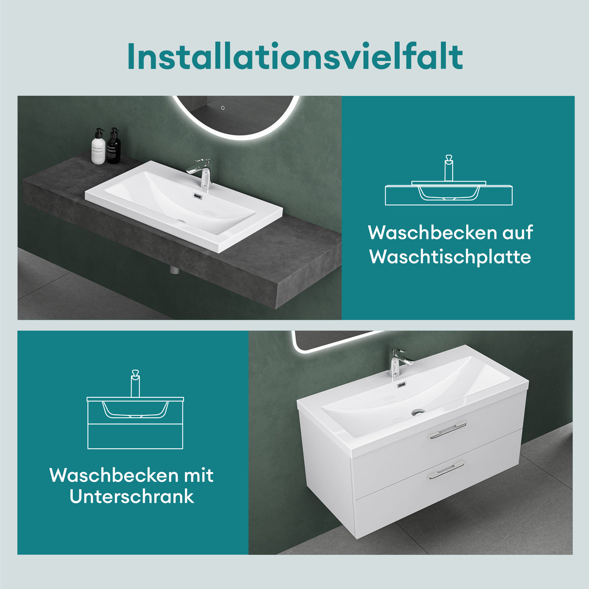 glasvilla Waschbecken Einbauwaschbecken Waschschale Waschtisch Mineralguss Rechteckig 1 Armaturenloch Überlauf-Funktion Col01