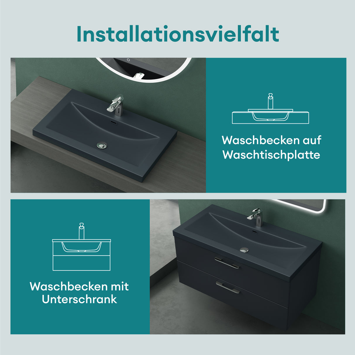 glasvilla Waschbecken Einbauwaschbecken Waschschale Waschtisch Mineralguss Rechteckig 1 Armaturenloch Überlauf-Funktion Col01