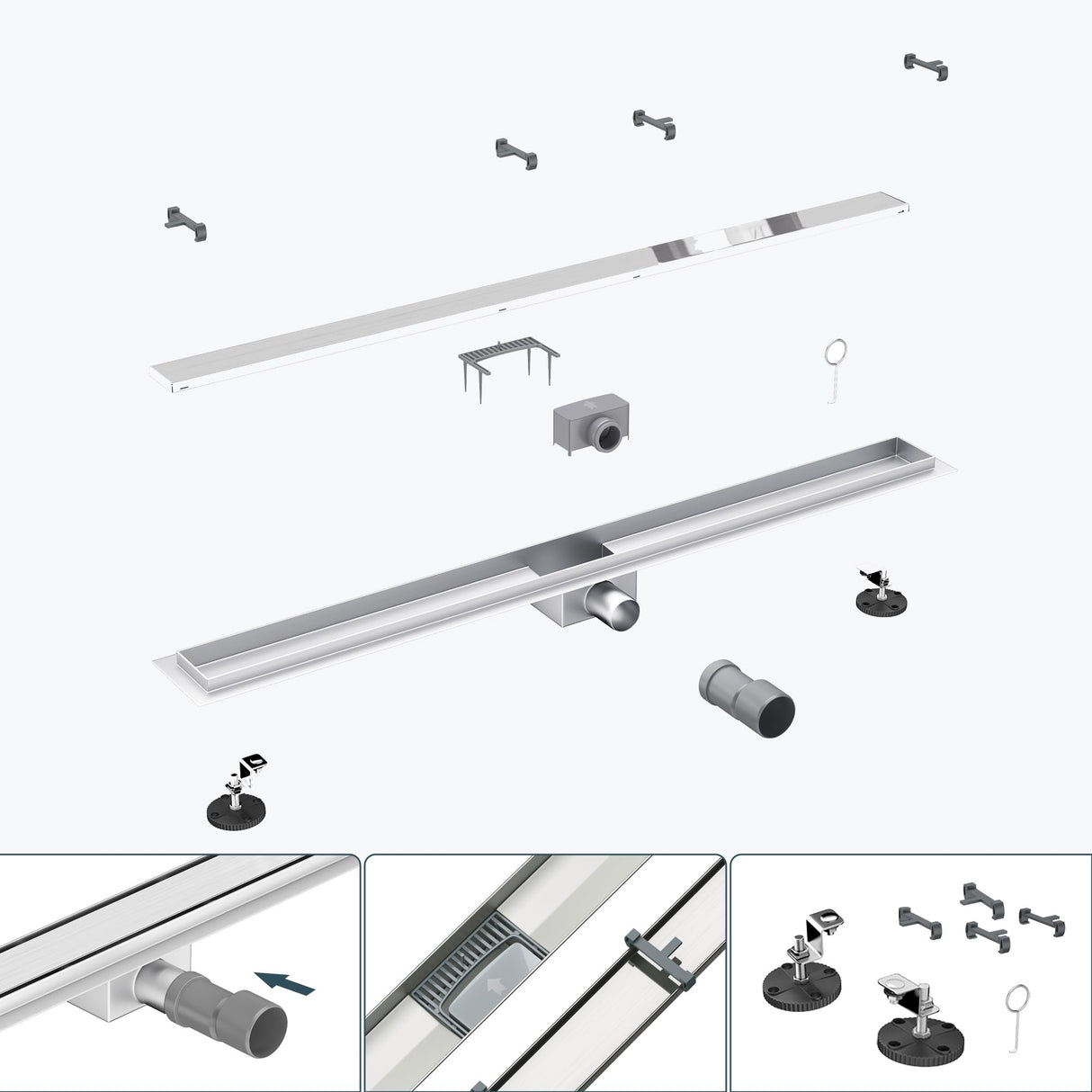 glasvilla Duschrinne Bodenablauf aus Edelstahl | Komplettset Ablaufrinne für Badezimmer | Befliesbar Wasserabfluss 35L/min | Haarsieb KE110