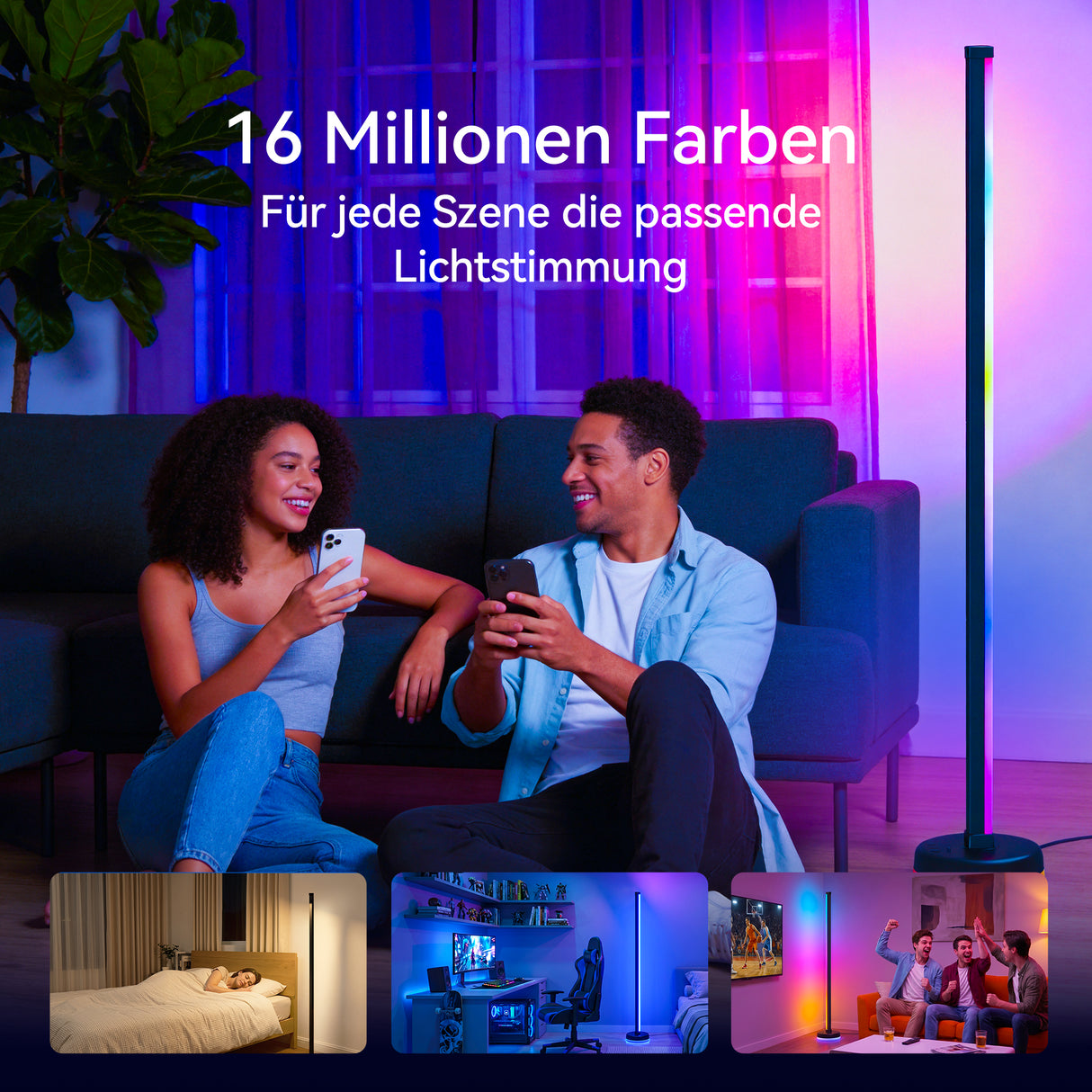glasvilla Stehlampe Wohnzimmer Dimmbar, RGBICWW Stehlampe mit reinem Warmweiß & 16 Millionen Farben, App & Fernbedienung, Musik-Sync, 270° Licht, Timer, für Schlafzimmer Gaming, Lineora-01