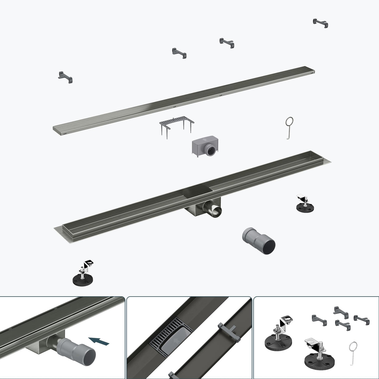 glasvilla Duschrinne Bodenablauf aus Edelstahl | Komplettset Ablaufrinne für Badezimmer | Befliesbar Wasserabfluss 35L/min | Haarsieb KE110