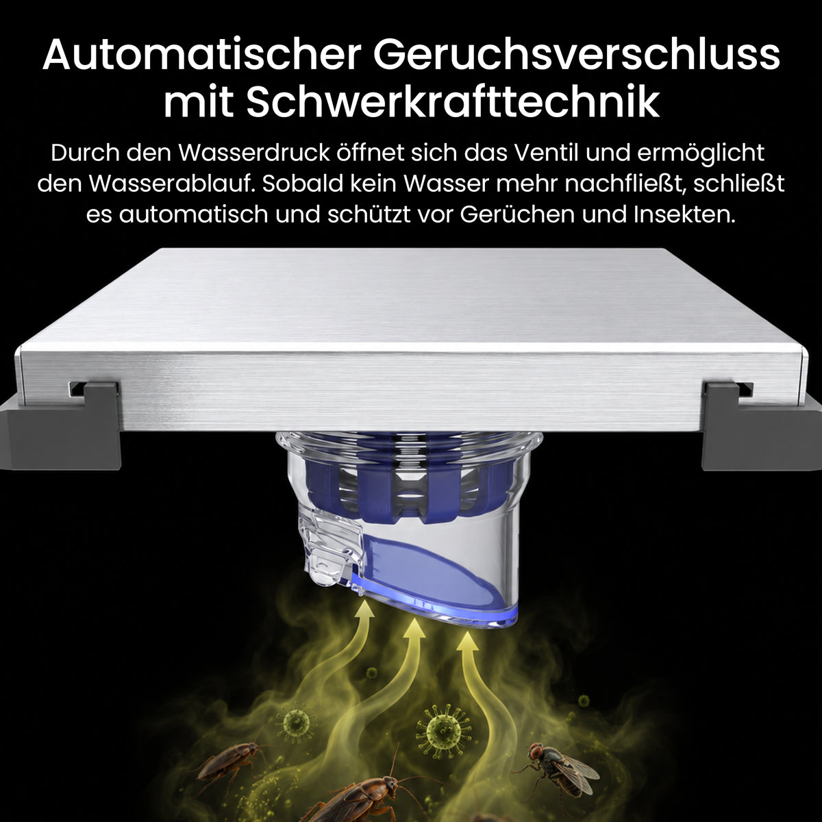 glasvilla Bodenablauf Duschablauf Edelstahl, Duschrinne quadratisch 15x15cm Duschabfluss befliesbar mit Geruchsverschluss, Haarsieb, 360°-Drehadapter, Chrom gebürstet, für Bad Dusche Balkon, KYE113-150