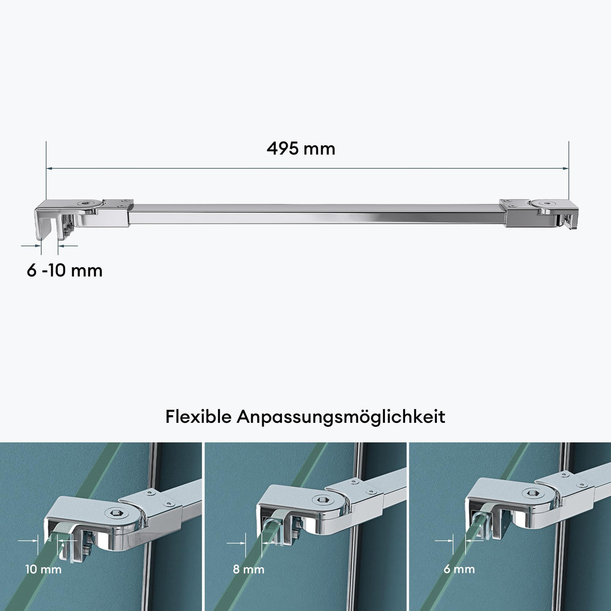 glasvilla Haltestange Duschwand Duschabtrennung Duschglaswand | Stabilisator für Walk in Dusche | um 180°schwenkbar für 6-10 mm Glasstärke