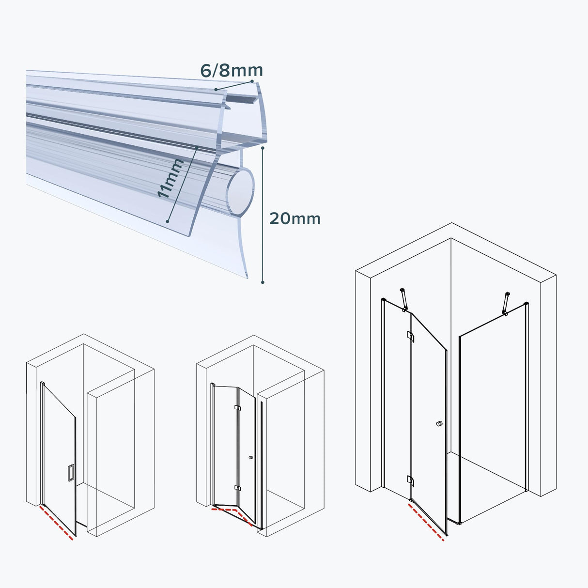 glasvilla Duschdichtung PVC | Duschtürdichtung für 6 - 8mm Glasstärke | Ersatzdichtung für Duschtüren & Duschkabinen