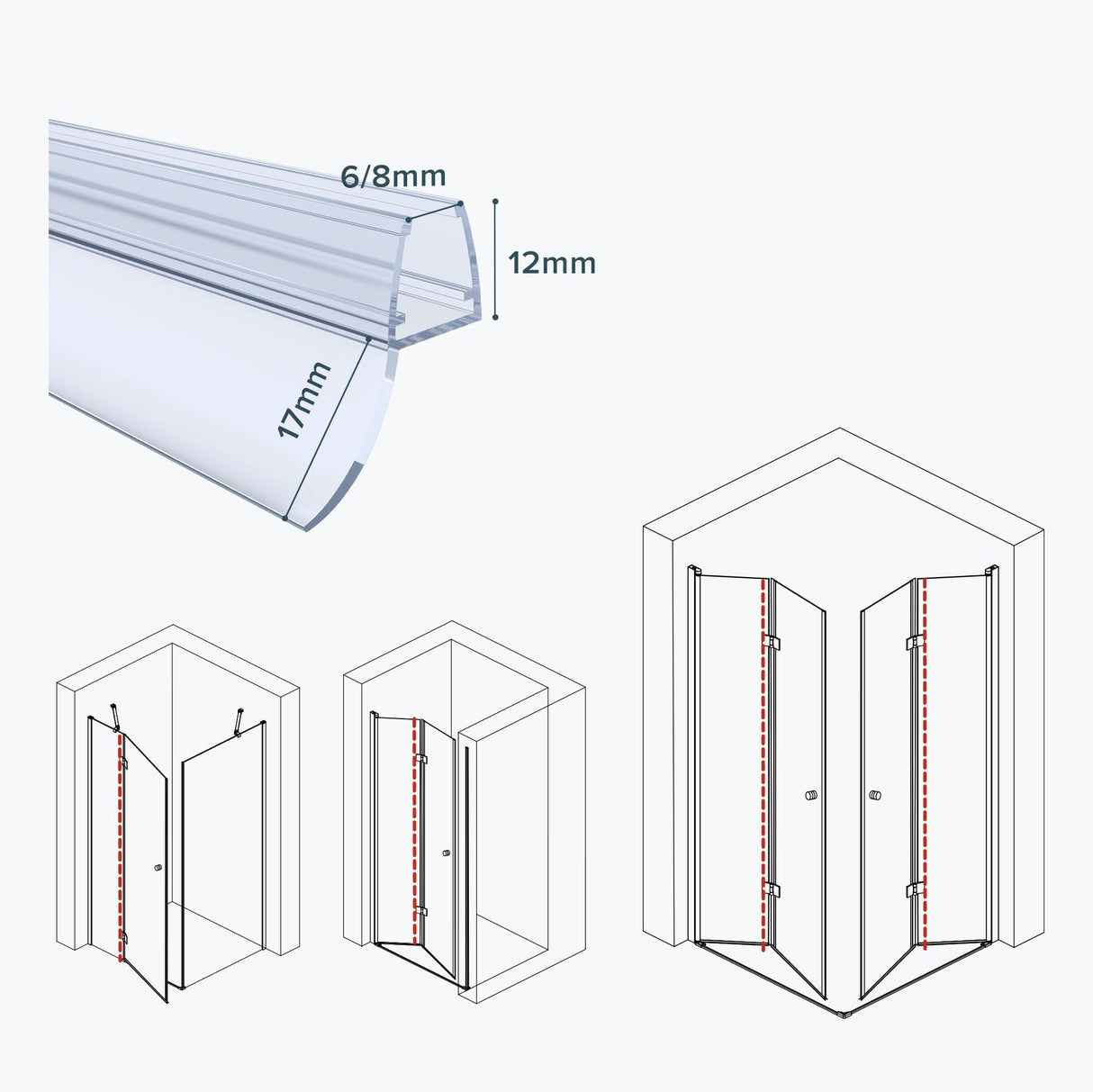 glasvilla Duschdichtung Duschlippe | Duschtürdichtung 6mm - 8mm Glasstärke | Ersatzdichtung Duschtür Duschwand gerade