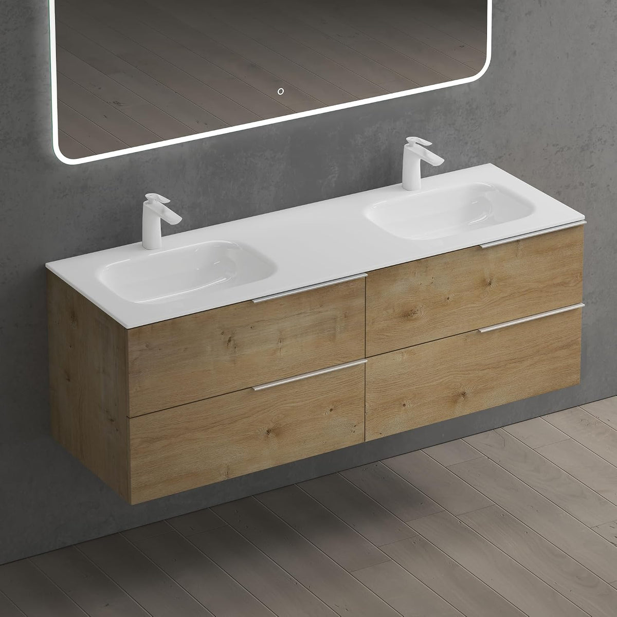 glasvilla Waschbeckenunterschrank 4 Schubladen Kerneiche mit Doppelwaschbecken BTH: 144x48x52cm Vanessa