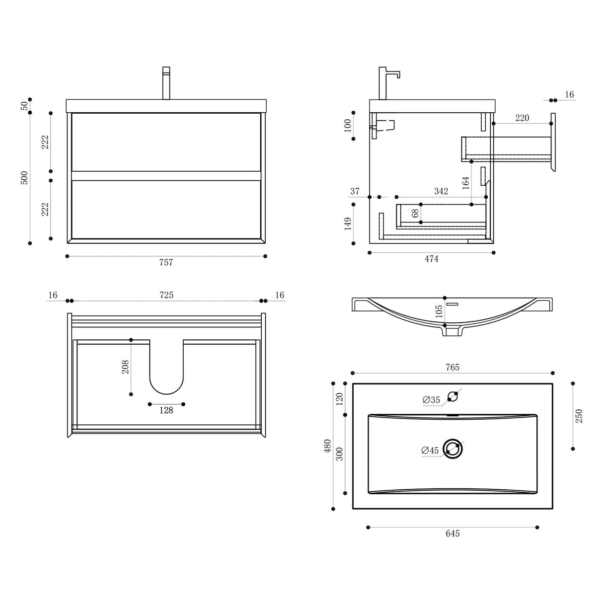 glasvilla Badmöbelset Badezimmermöbel Waschbeckenunterschrank 2 Schubladen mit Soft-Close inkl. Waschbecken in Weiß aus Mineralguss Rimo