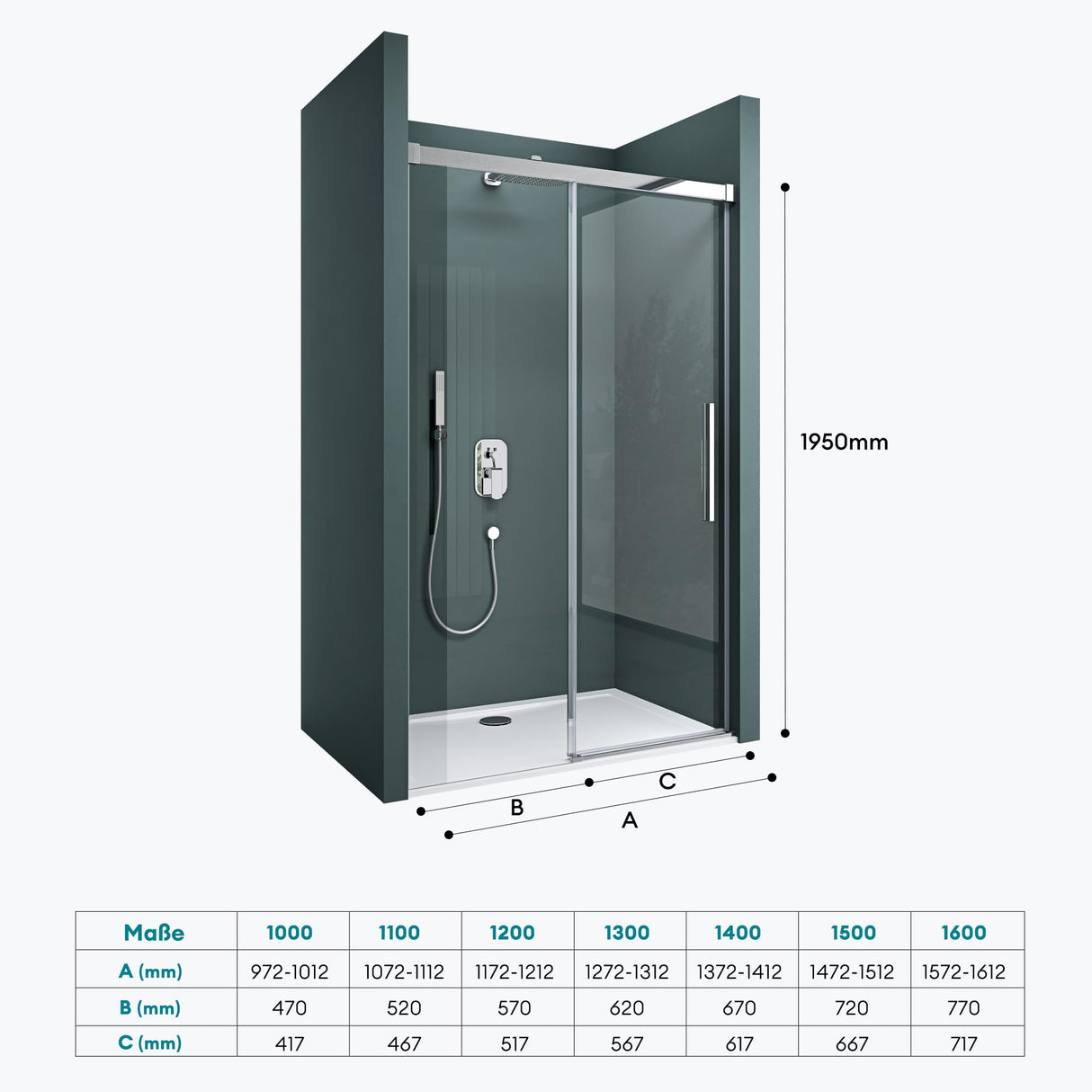 glasvilla Duschtür Nischentür dusche Duschabtrennung Chrom und Schwarz Duschkabine Nischenschiebetür 6mm ESG-Sicherheitsglas inkl. Soft-Close Teramo12K