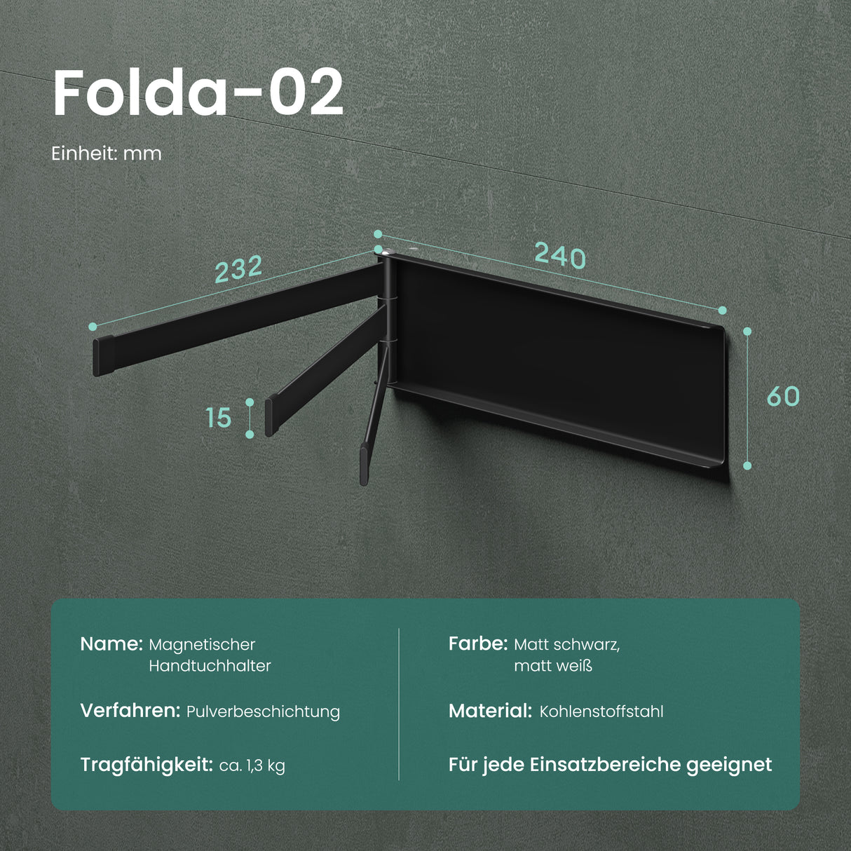 glasvolla Handtuchhalter ohne Bohren, 180° schwenkbar mit 3 Armen, Handtuchstange selbstklebend oder magnetisch, Badetuchhalter für Bad und Küche Folda-02