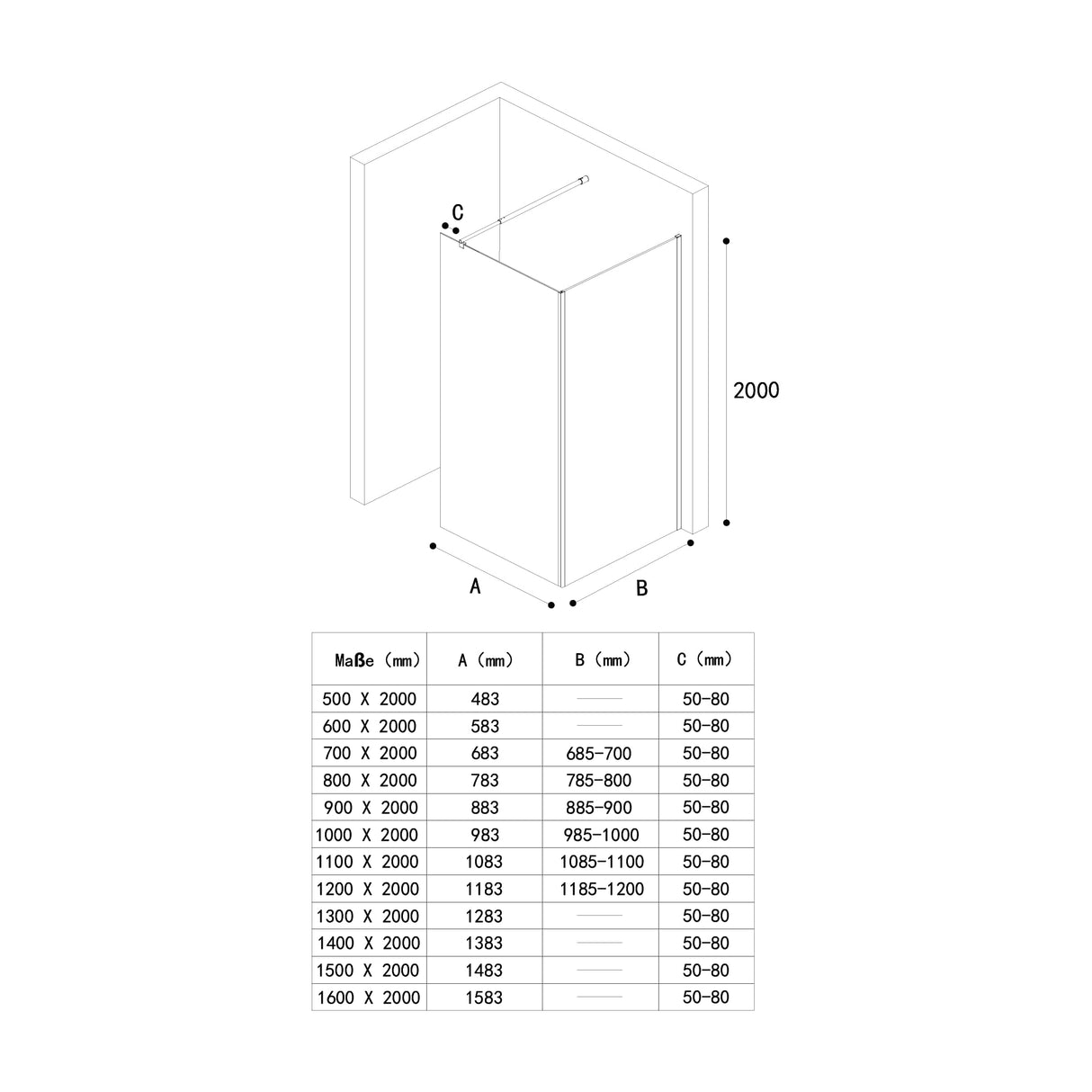 glasvilla Duschwand Duschabtrennung Walk-In Dusche 8mm Klarglas ESG-Sicherheitsglas mit Nanobeschichtung Rechteckiger Stabilisator BremenL