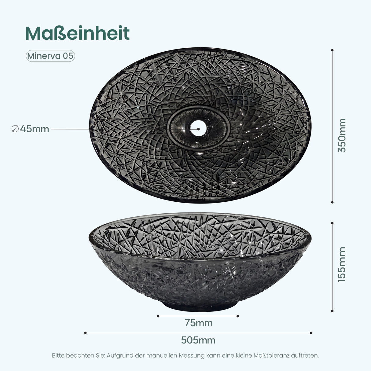 glasvilla Waschbecken Glas Aufsatzwaschbecken Glaswaschbecken Handwaschbecken Waschschale Oval