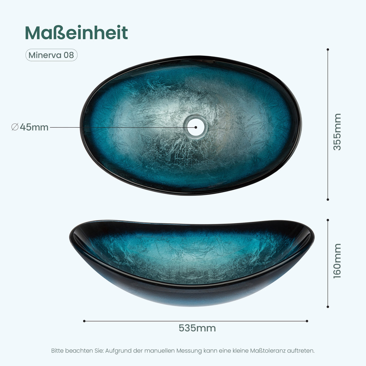 glasvilla Lavabo da Appoggio in Vetro Lavandino Bagno da Appoggio in Vetro Ovale
