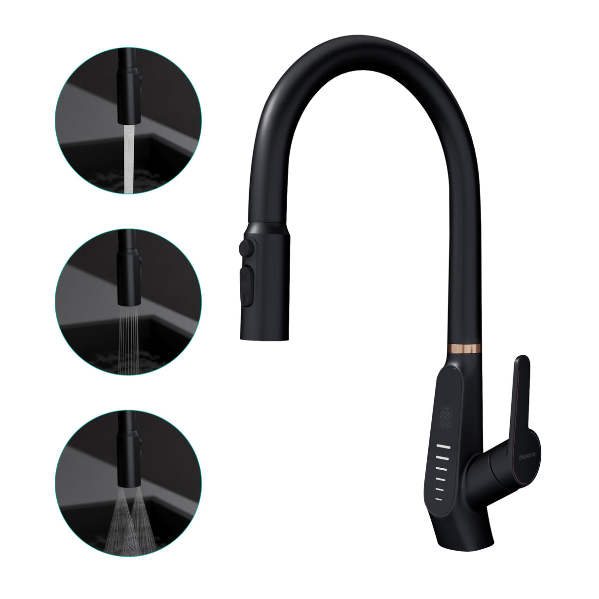 glasvilla Wasserhahn Küche Küchenamatur ausziehbar 360° drehbar 3 Wasserstrahl-Modi LED-Digitalanzeige Küchenwasserhahn Spültischarmatur MS-8085