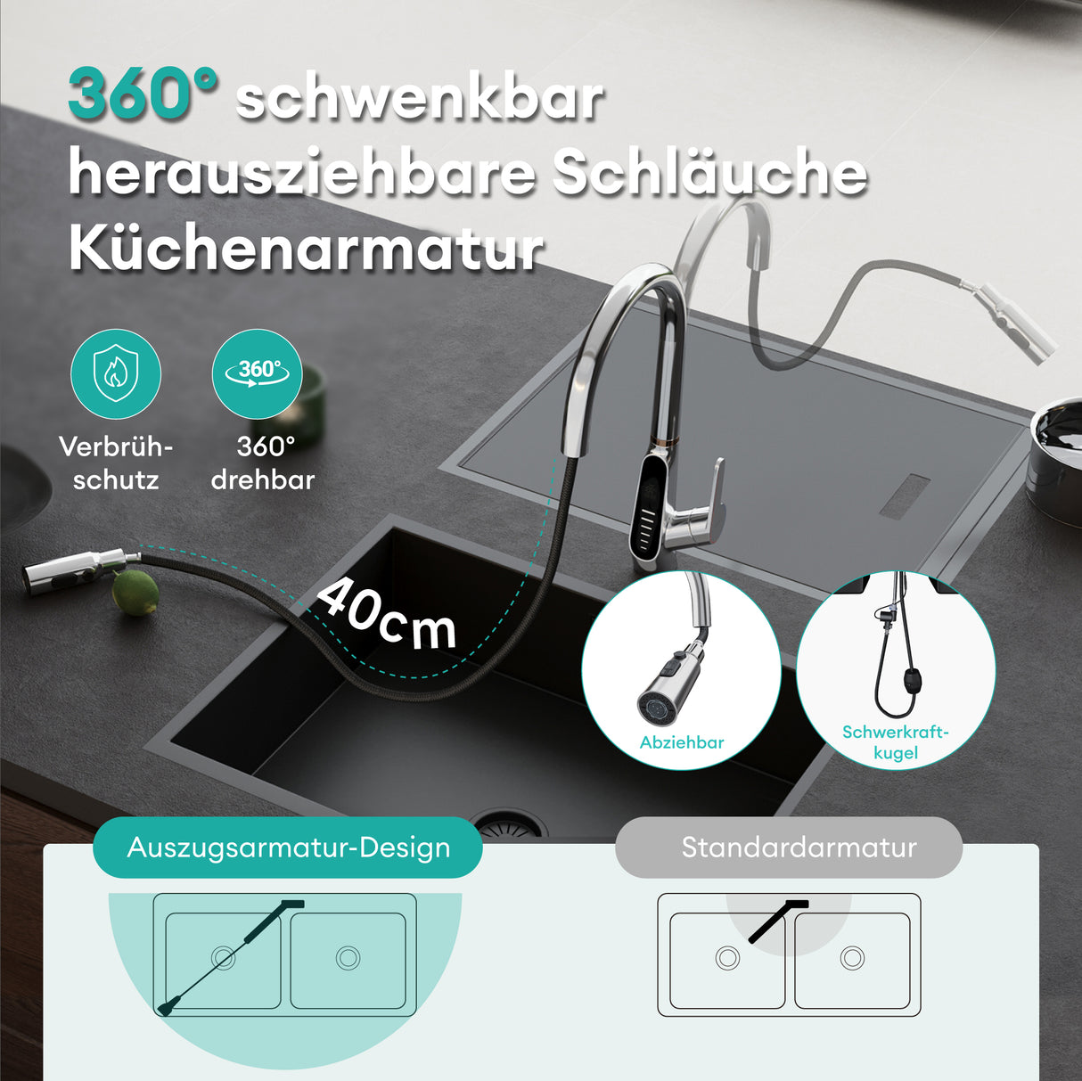 glasvilla Wasserhahn Küche Küchenarmatur ausziehbar 360° drehbar 3 Wasserstrahl-Modi LED-Digitalanzeige Küchenwasserhahn Spültischarmatur MS-8085