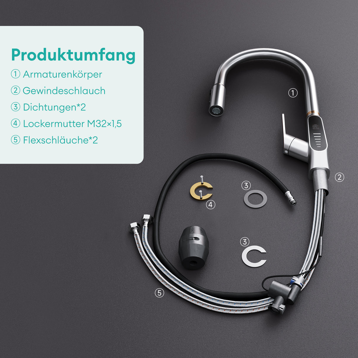 glasvilla Wasserhahn Küche Küchenamatur ausziehbar 360° drehbar 3 Wasserstrahl-Modi LED-Digitalanzeige Küchenwasserhahn Spültischarmatur MS-8085