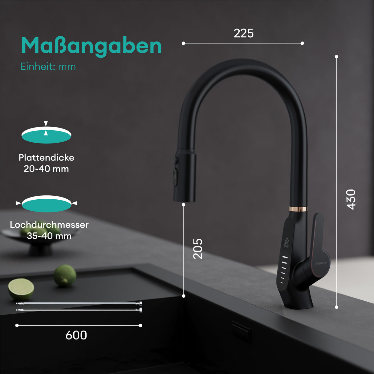 glasvilla Wasserhahn Küche Küchenamatur ausziehbar 360° drehbar 3 Wasserstrahl-Modi LED-Digitalanzeige Küchenwasserhahn Spültischarmatur MS-8085