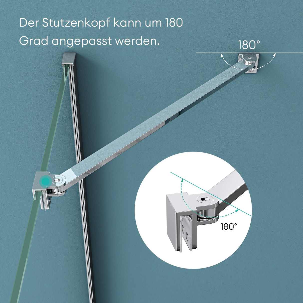 glasvilla Haltestange Duschwand Duschabtrennung Duschglaswand | Stabilisator für Walk in Dusche | um 180°schwenkbar für 6-10 mm Glasstärke