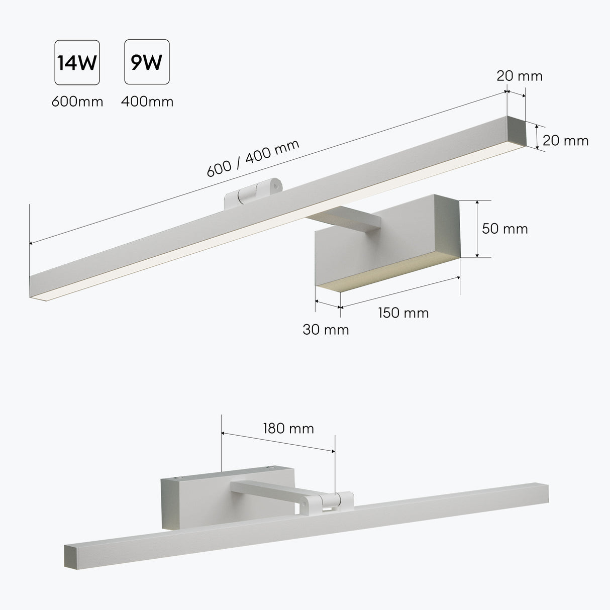glasvilla Spiegelleuchte LED Badlampe | Spiegellampe, 4000K Badezimmer Lampe | 180° Drehbar 9W Strahlenschön