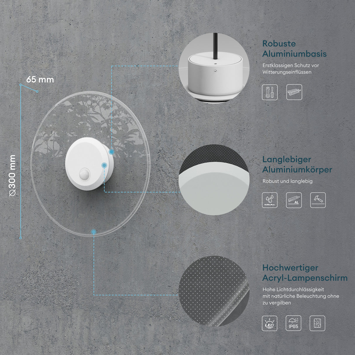 glasvilla Wandleuchte Außen 6W LED Wandlampe | Außenleuchte Wegeleuchte für Garten, 3000K mit Bewegungsmelder | Außenlampe ⌀300X65mm IP65 LunaLights