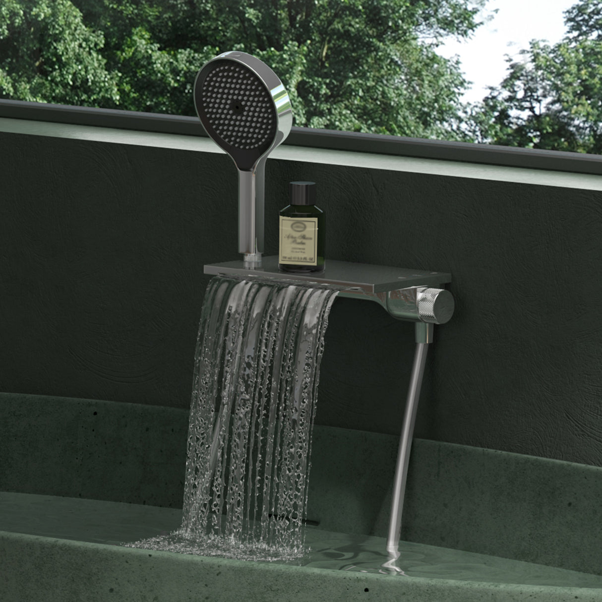 Robinet de baignoire Glasvilla avec douchette, design cascade, jets multiples, douchette en laiton avec barre et flexible de douche.