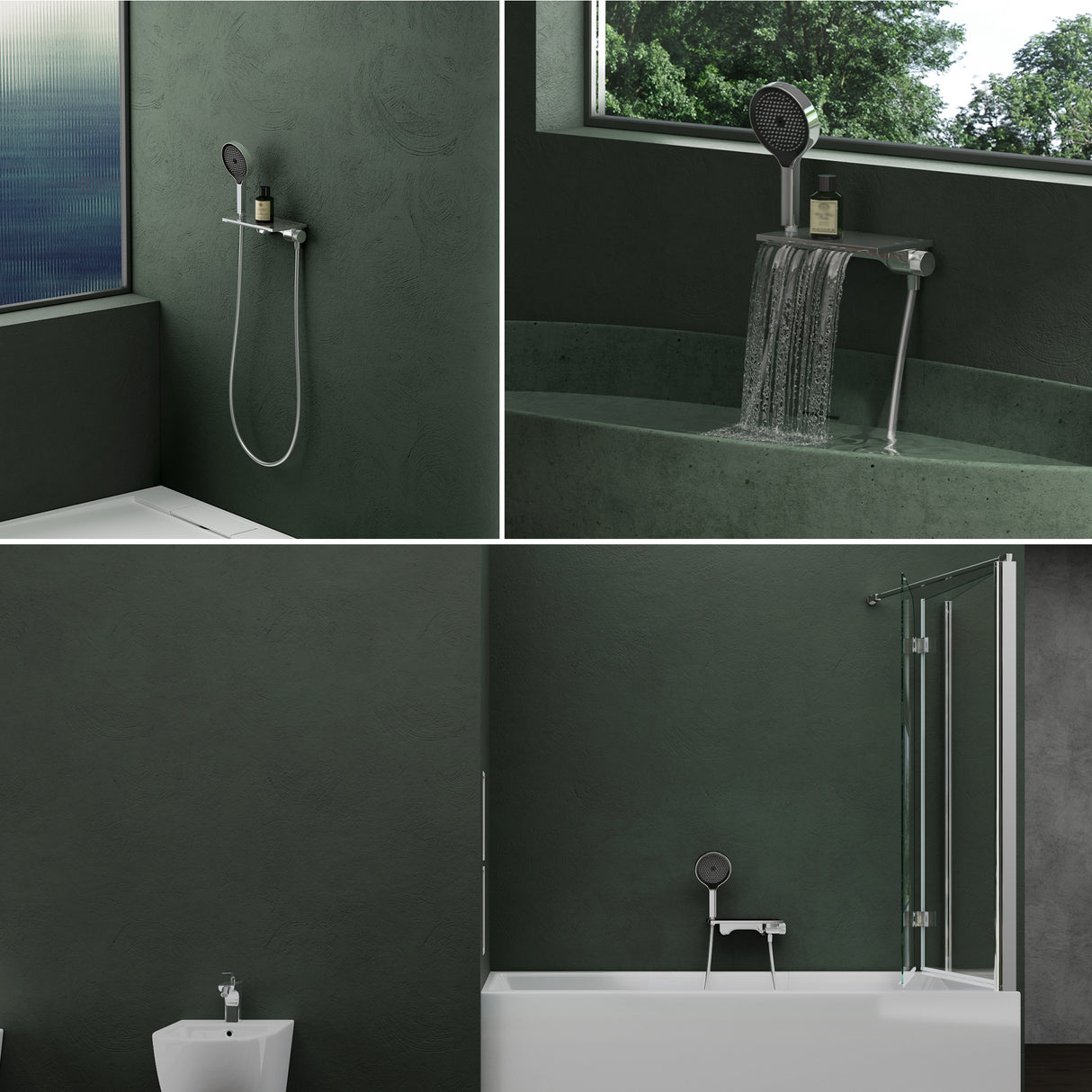 Robinet de baignoire Glasvilla avec douchette, design cascade, jets multiples, douchette en laiton avec barre et flexible de douche.